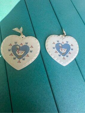 Set of 2 Treasure Craft Ribbon Geese Ceramic Heart Wall Plaques Decor USA